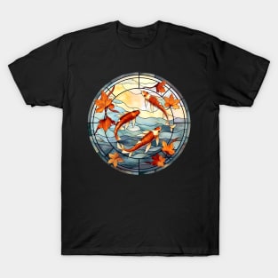 Stained Glass Red Koi Fish and Autumn Leaves T-Shirt